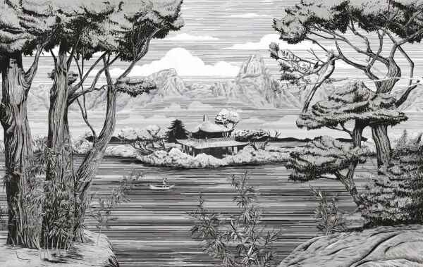 Göl Ortasında Japon Evi ve Dağlar Mavi