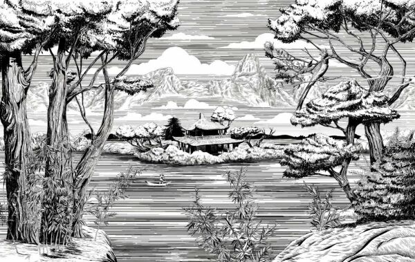 Göl Ortasında Japon Evi ve Dağlar Mavi