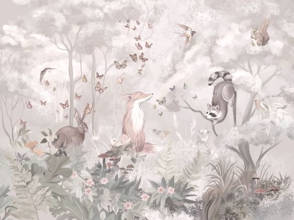 Neşeli Hayvanlar Masal Ormanı Tekstil Tabanlı Duvar Kaplaması (Banyo ve Islak Zeminler) - Açık Pembe