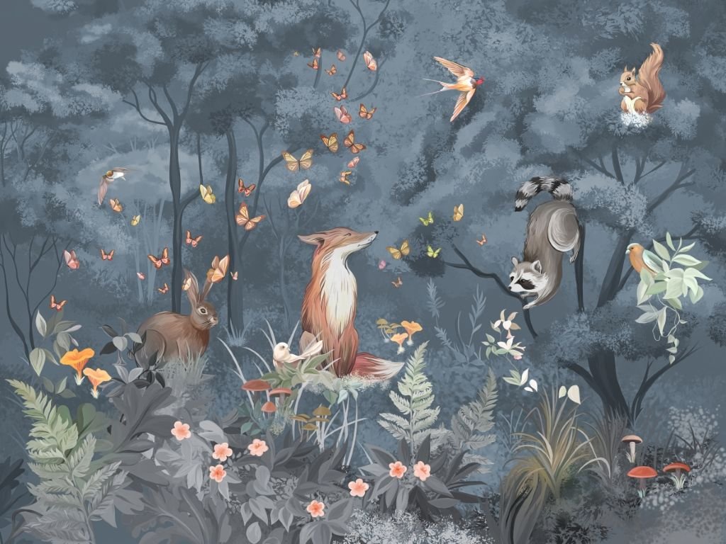 Neşeli Hayvanlar Masal Ormanı Tekstil Tabanlı Duvar Kaplaması (Banyo ve Islak Zeminler) - Mavi