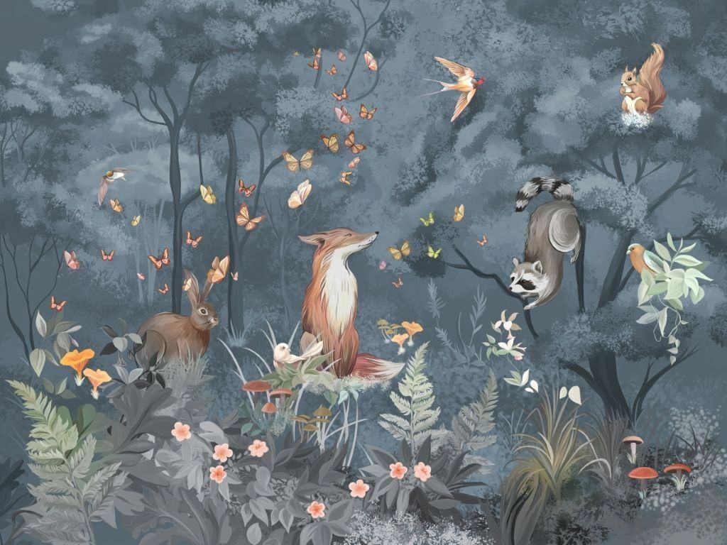 Palmiye Yapraklar Bej Mat Görünümlü Vinil Duvar Kaplaması - Mavi