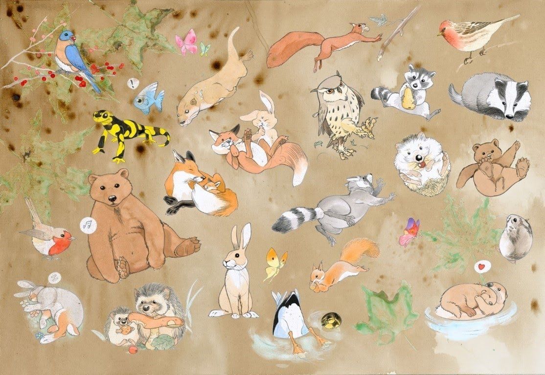 Animated Animal Characters Natural Wicker Wall Covering - Brown
