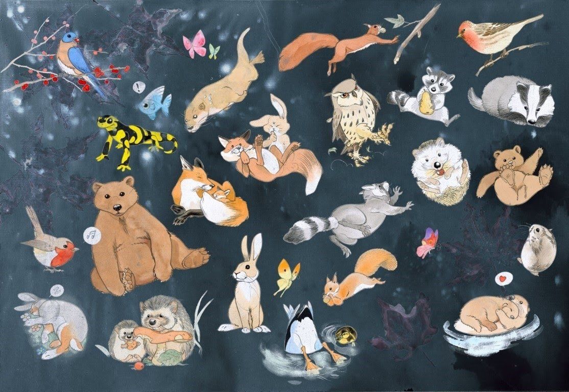 Animasyon Hayvan Karakterleri Doğal Hasır Duvar Kaplaması - Mavi