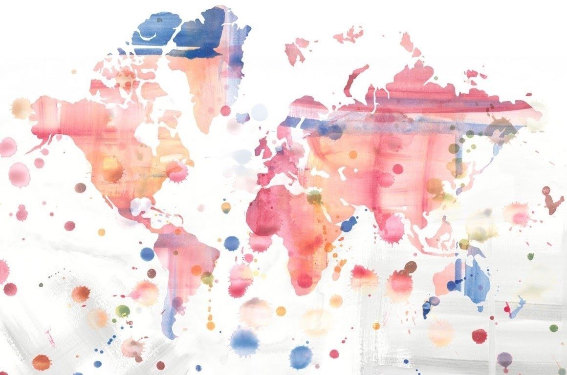 World Map Colorful Paint on Canvas Matte Look Vinyl Wall Covering - Pink