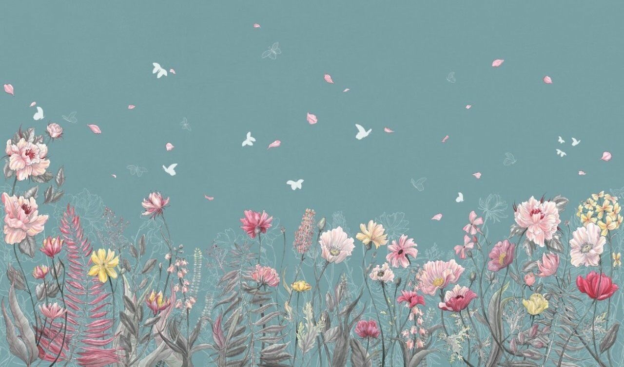 Kırlarda Çiçekler ve Uçan Kelebekler Mat Görünümlü Vinil Duvar Kaplaması - Açık