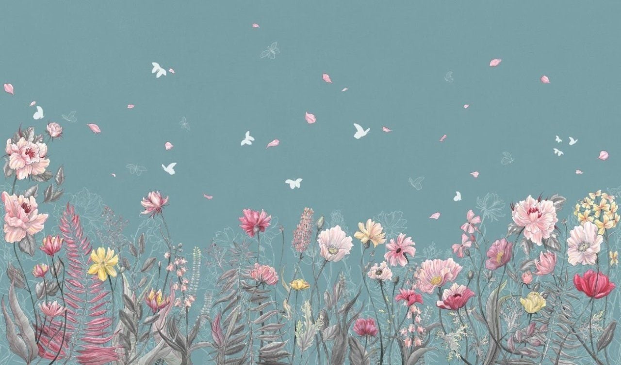 Kırlarda Çiçekler ve Uçan Kelebekler Doğal Hasır Duvar Kaplaması - Açık