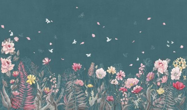 Kırlarda Çiçekler ve Uçan Kelebekler Mat Görünümlü Vinil Duvar Kaplaması - Koyu