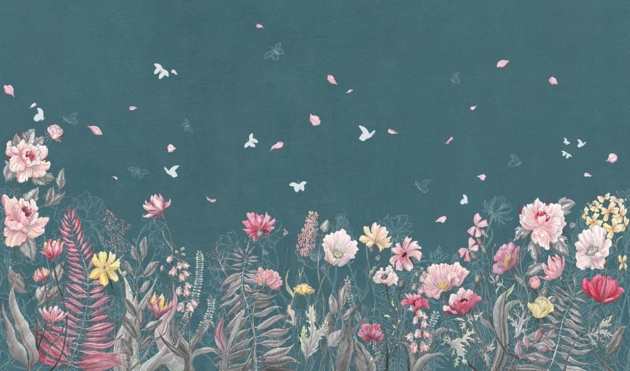 Kırlarda Çiçekler ve Uçan Kelebekler Tekstil Tabanlı Duvar Kaplaması (Banyo ve Islak Zeminler) - Koyu