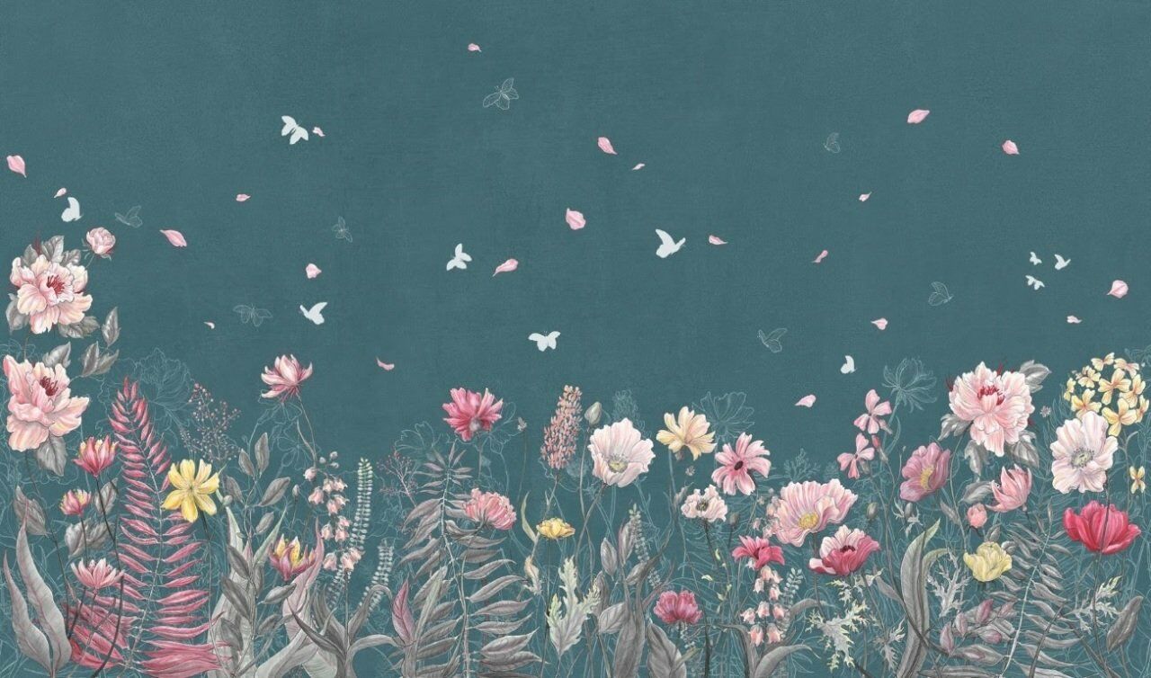 Kırlarda Çiçekler ve Uçan Kelebekler Doğal Hasır Duvar Kaplaması - Koyu