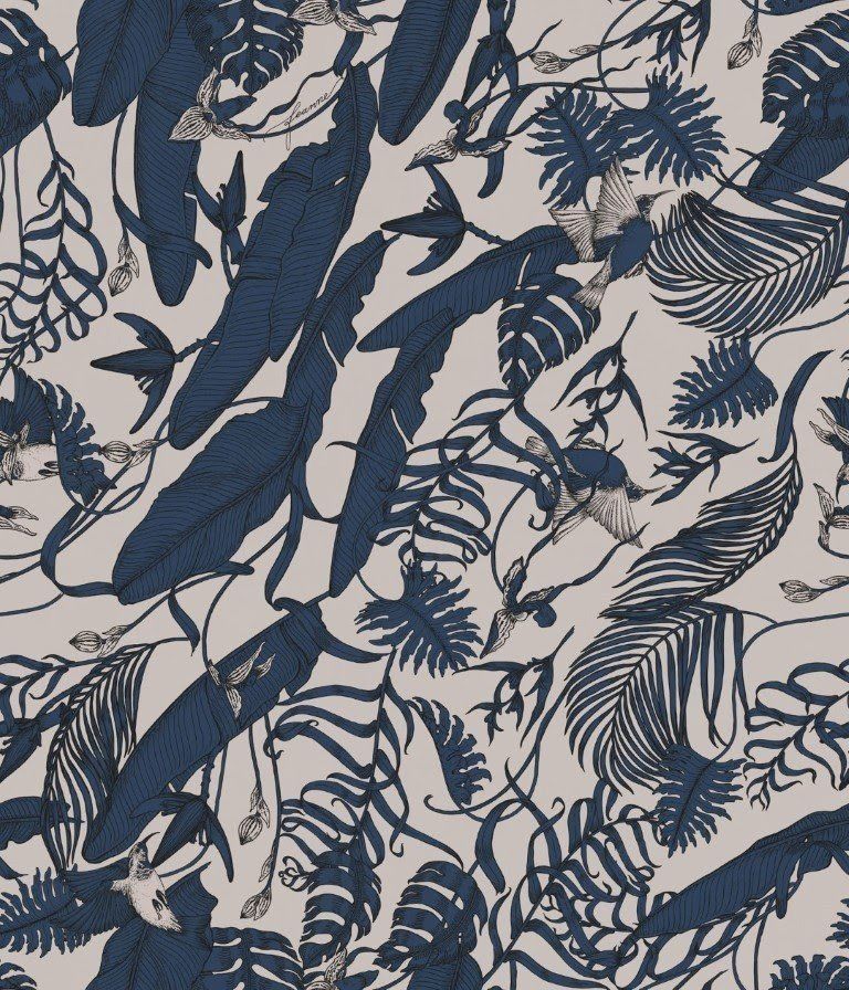 Tropikal Bitki Örtüsü Zümrüt Mat Görünümlü Vinil Duvar Kaplaması - Mavi