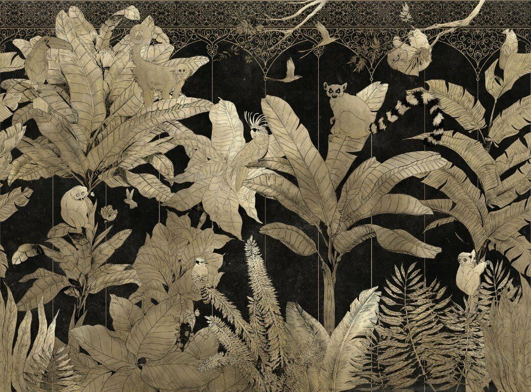 Tropik Ormanda Hayvan Partisi Doğal Hasır Duvar Kaplaması - Sarı