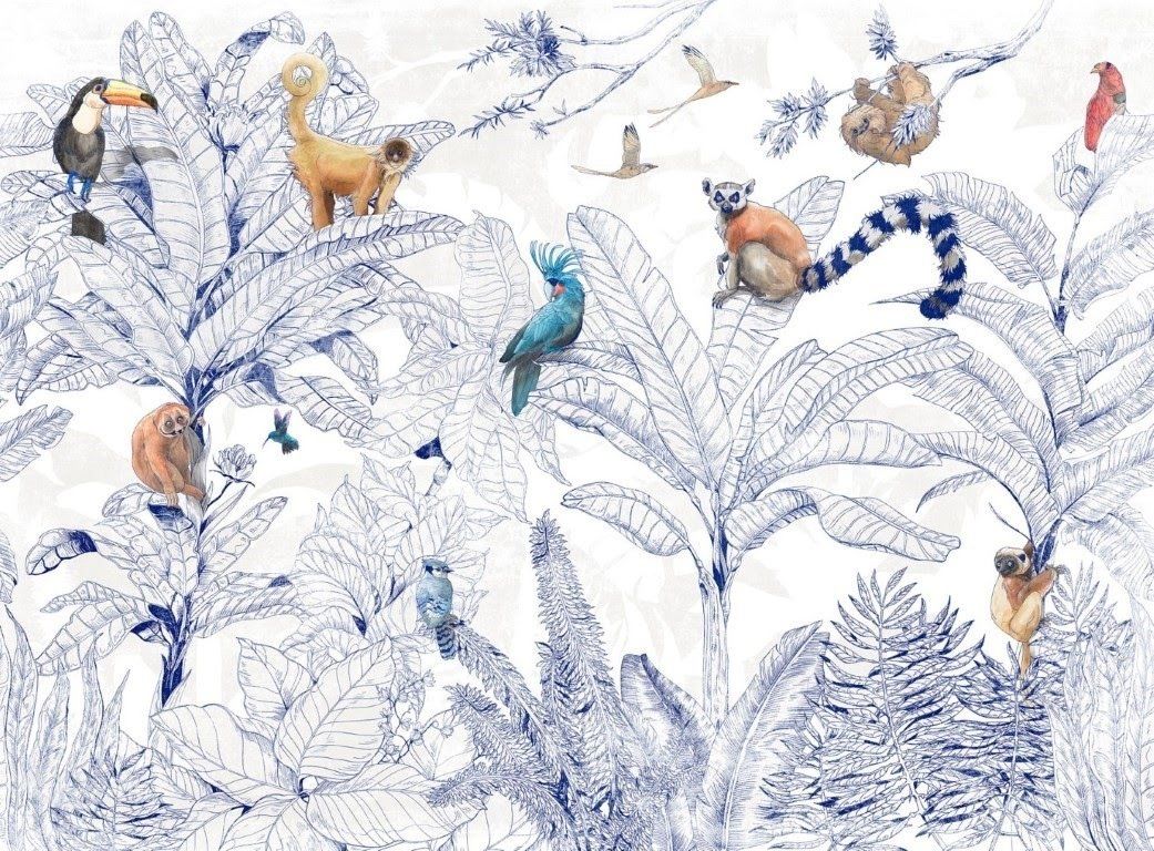 Tropik Ormanda Hayvan Partisi Doğal Hasır Duvar Kaplaması - Mavi