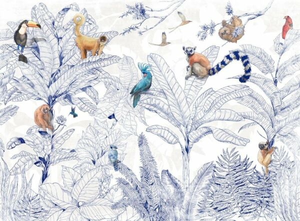 Tropik Ormanda Hayvan Partisi Doğal İpek Duvar Kaplaması - Mavi
