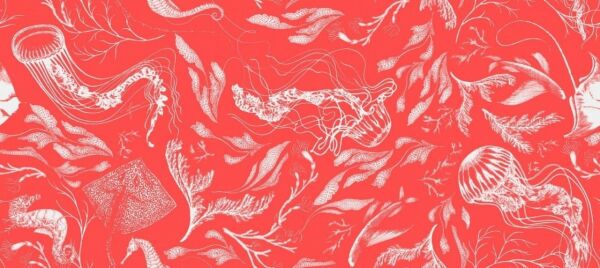 Denizde Yaşam Lacivert Doğal İpek Duvar Kaplaması - Kırmızı