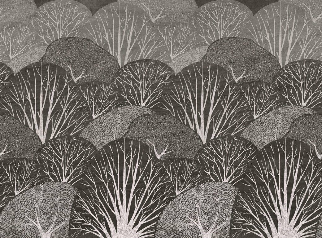 Resim Defterimdeki Ağaçlar Yeşil Mat Görünümlü Vinil Duvar Kaplaması - Siyah Beyaz