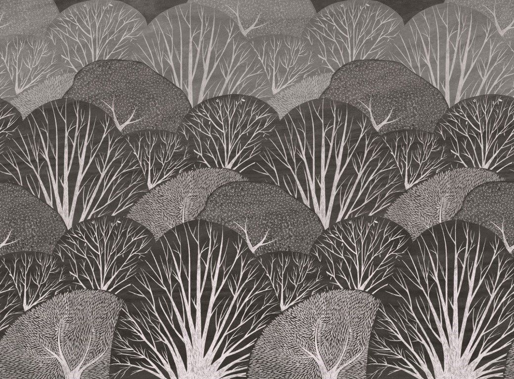 Resim Defterimdeki Ağaçlar Yeşil Doğal Hasır Duvar Kaplaması - Siyah Beyaz